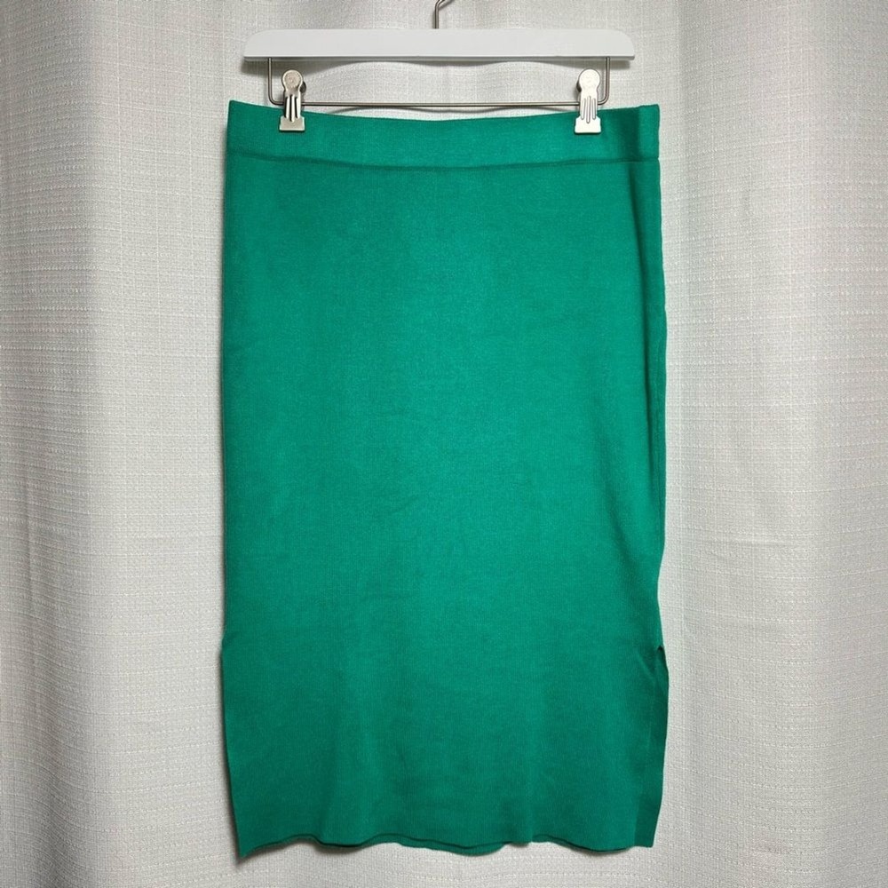 Kelly Green Knit Midi Skirt Elastic Waist Pencil Bodycon Side Slit Chic Women L